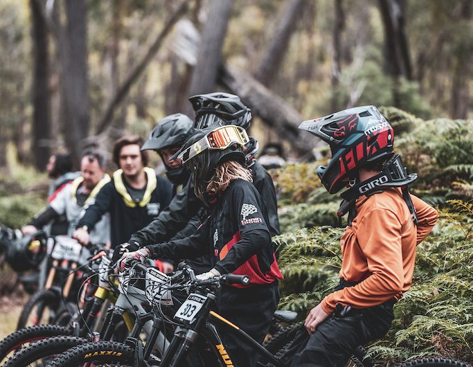 Mountain bikers in shuttle queue at barjarg